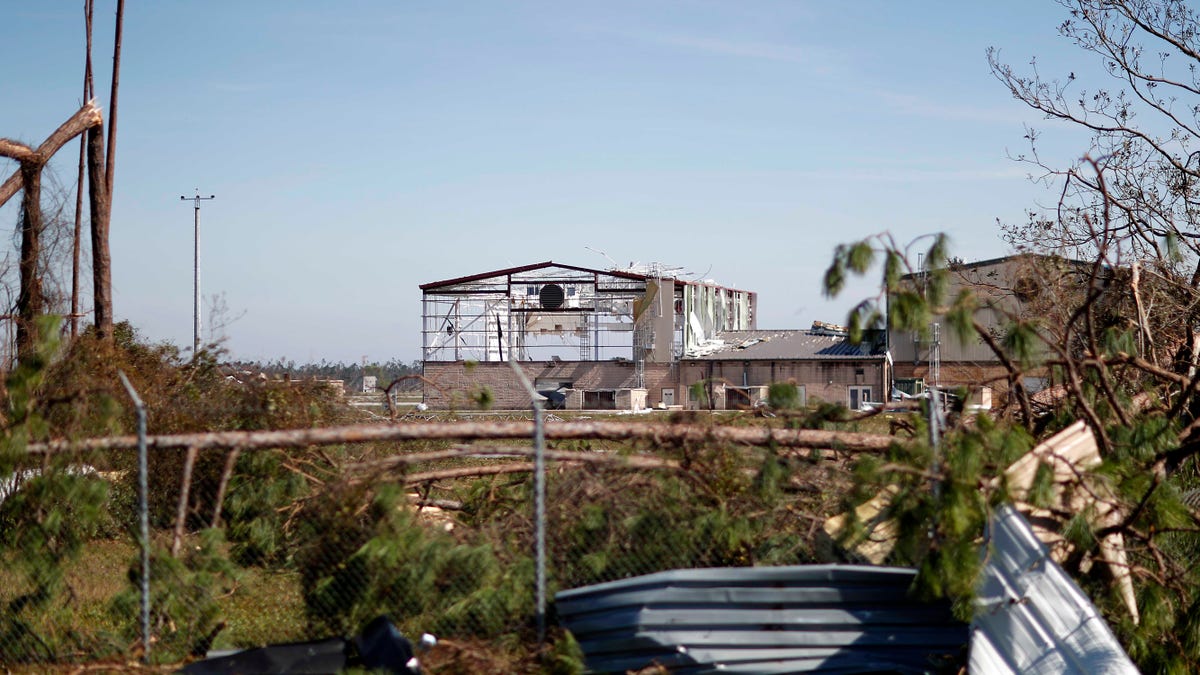 An airplane hanger at Tyndall Air Force Base is damaged from hurricane Michael.