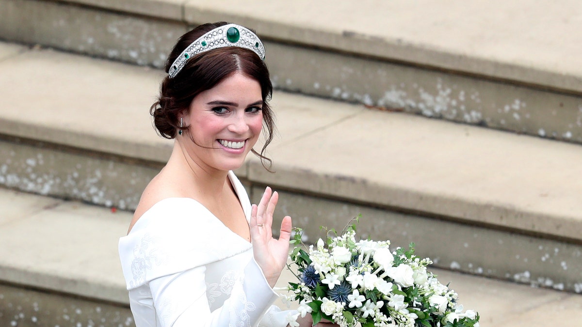 Princess Eugenie wore a tiara by Christopher De Vos, loaned to her by Queen Elizabeth II.