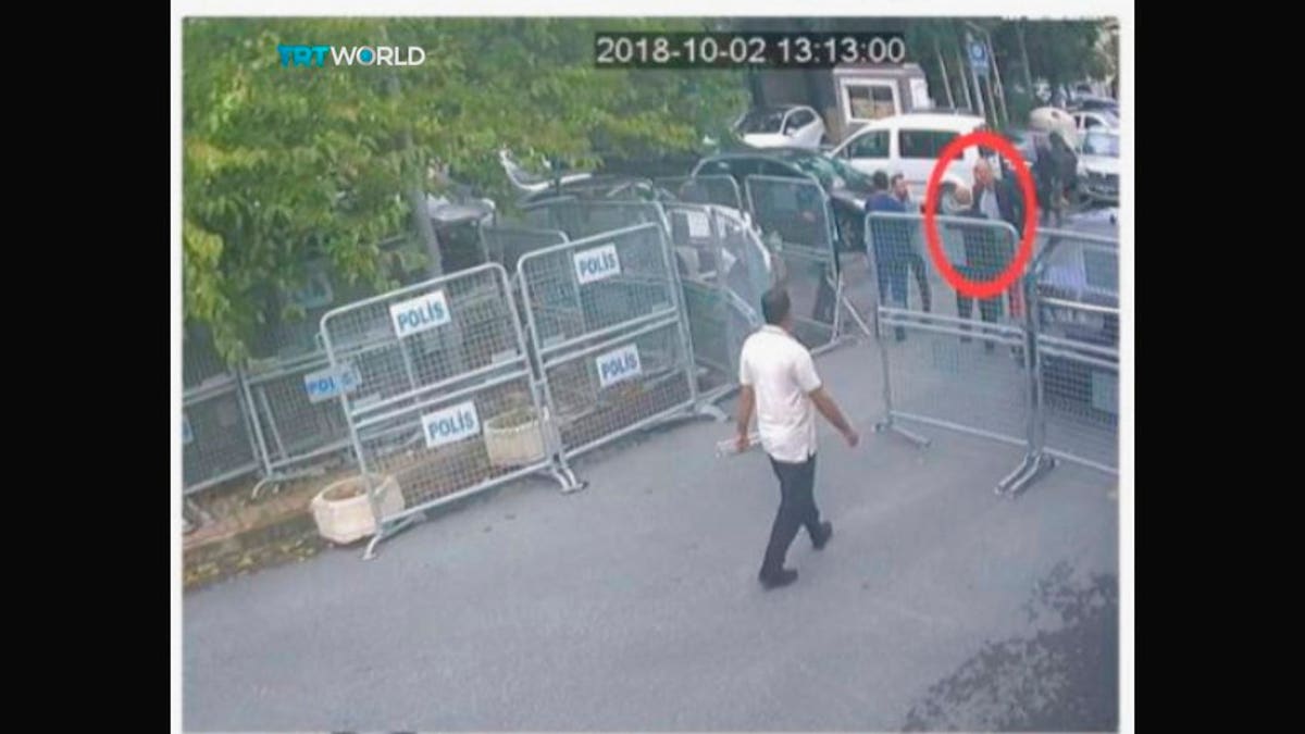 This image, obtained by the Turkish broadcaster TRT World purportedly shows Saudi journalist Jamal Khashoggi before passing barriers that block the road leading to the Saudi consulate, in Istanbul. 