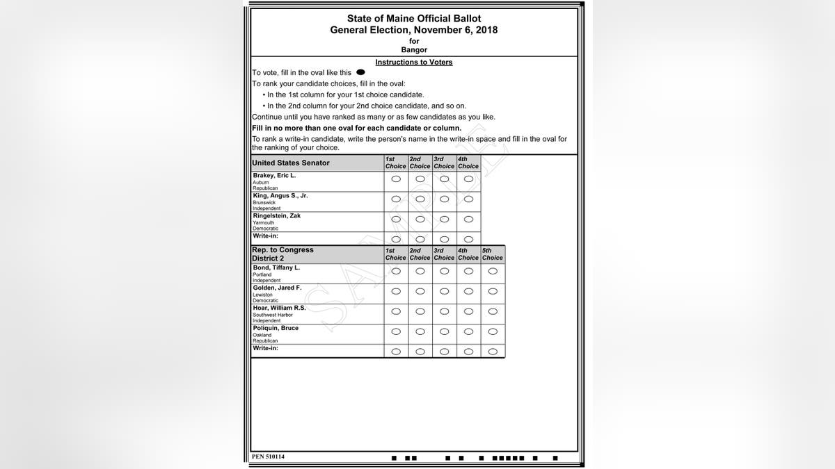 This image released by the Maine Office of Secretary of State shows a sample ballot for some of the offices up for election in the state's November general election. The ballot offers voters ranked choices for placing their vote using the new system in the November general election.