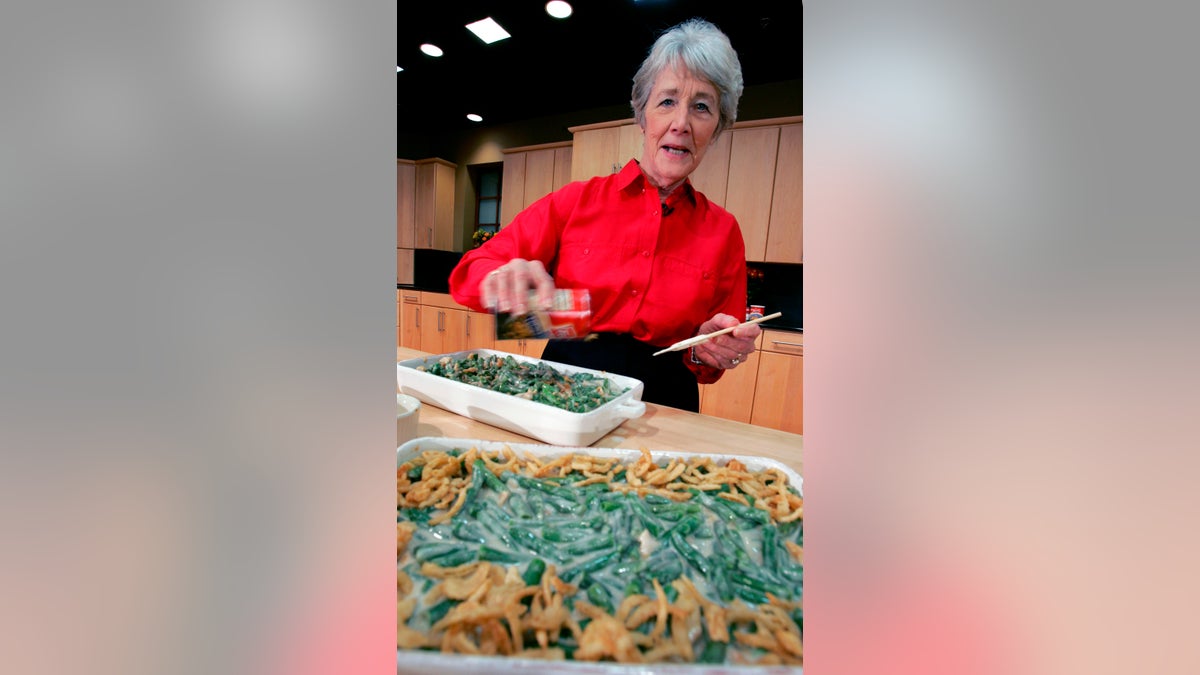 Reilly was a Campbell Soup kitchen supervisor in 1955 when she combined green beans and cream of mushroom soup, topped with crunchy fried onions, for an Associated Press feature. It is the most popular recipe ever to come out of the corporate kitchen at Campbell Soup. (AP Photo/Mel Evans, File)