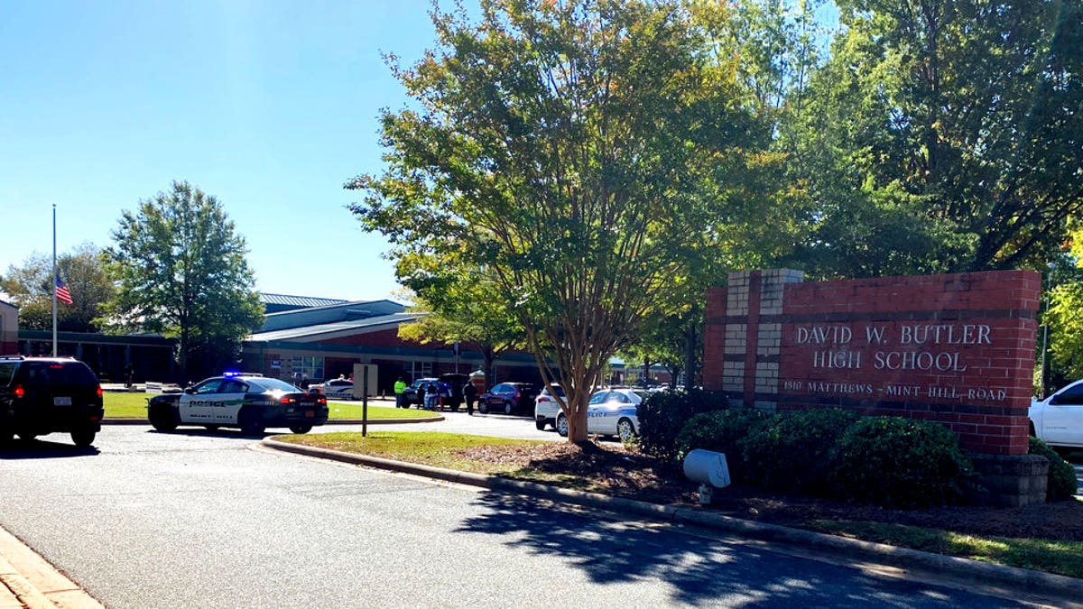 Emergency personnel respond to a shooting at Butler High School in Matthews, N.C., on Monday, Oct. 29, 2018.