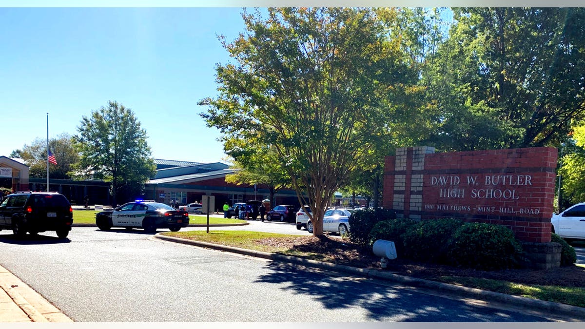 Emergency personnel respond to a shooting at Butler High School in Matthews, N.C., on Monday, Oct. 29, 2018.
