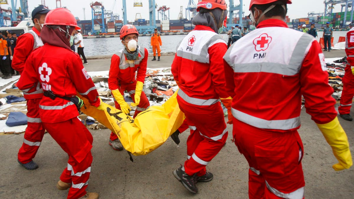 Rescuers carry a body bag containing the remains of victims retrieved from the waters where Lion Air flight JT 610 is believed to have crashed at Tanjung Priok Port in Jakarta, Indonesia.