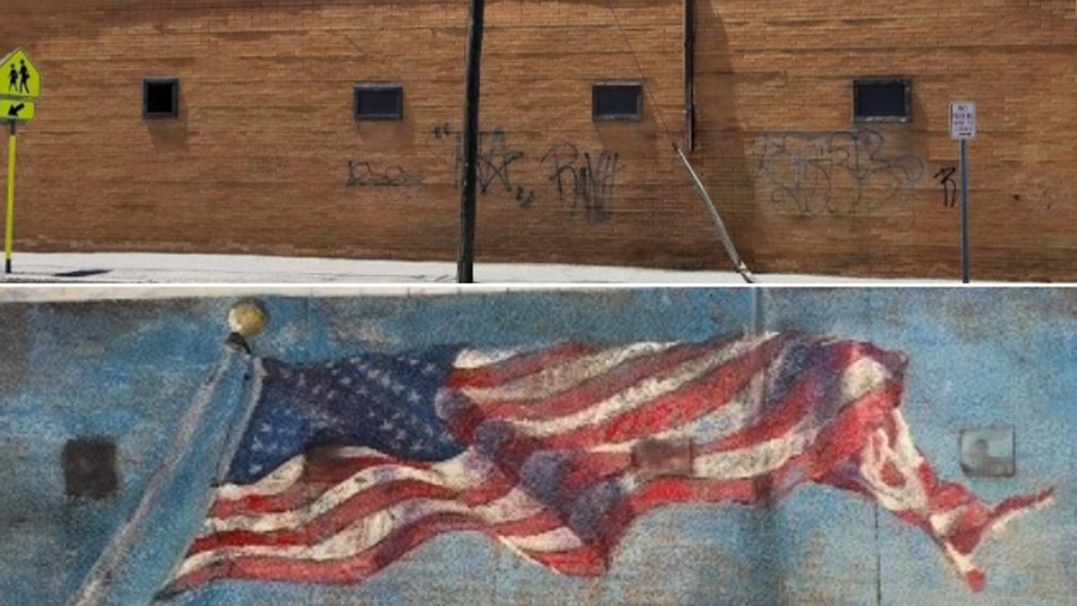 The current brick wall and the proposed American flag mural proposed for La Bella Pizza Bistro in New Paltz, NY.