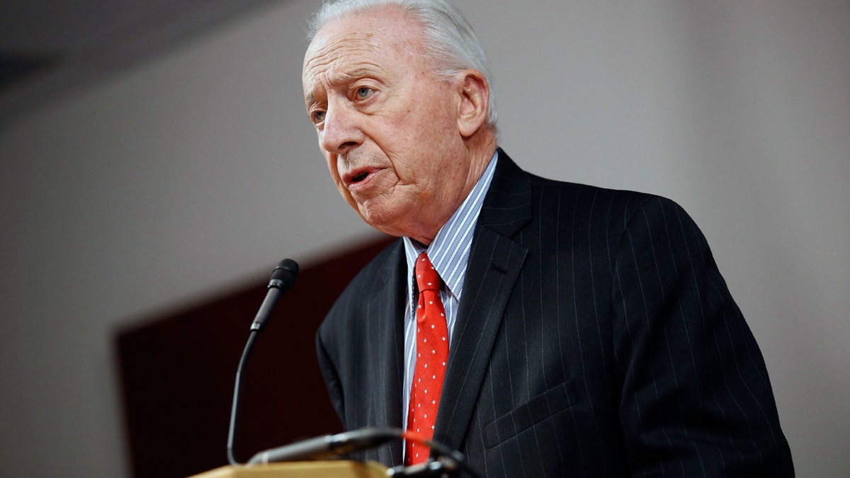 James Brady, chairman of the University System of Maryland Board of Regents, speaks at a news conference to announce the board's recommendation that football head coach DJ Durkin retain his job, Tuesday, Oct. 30, 2018, in Baltimore. Durkin has been on paid administrative leave since August, following the death of a player who collapsed during practice and an investigation of bullying by the Maryland coaching staff. (AP Photo/Patrick Semansky)