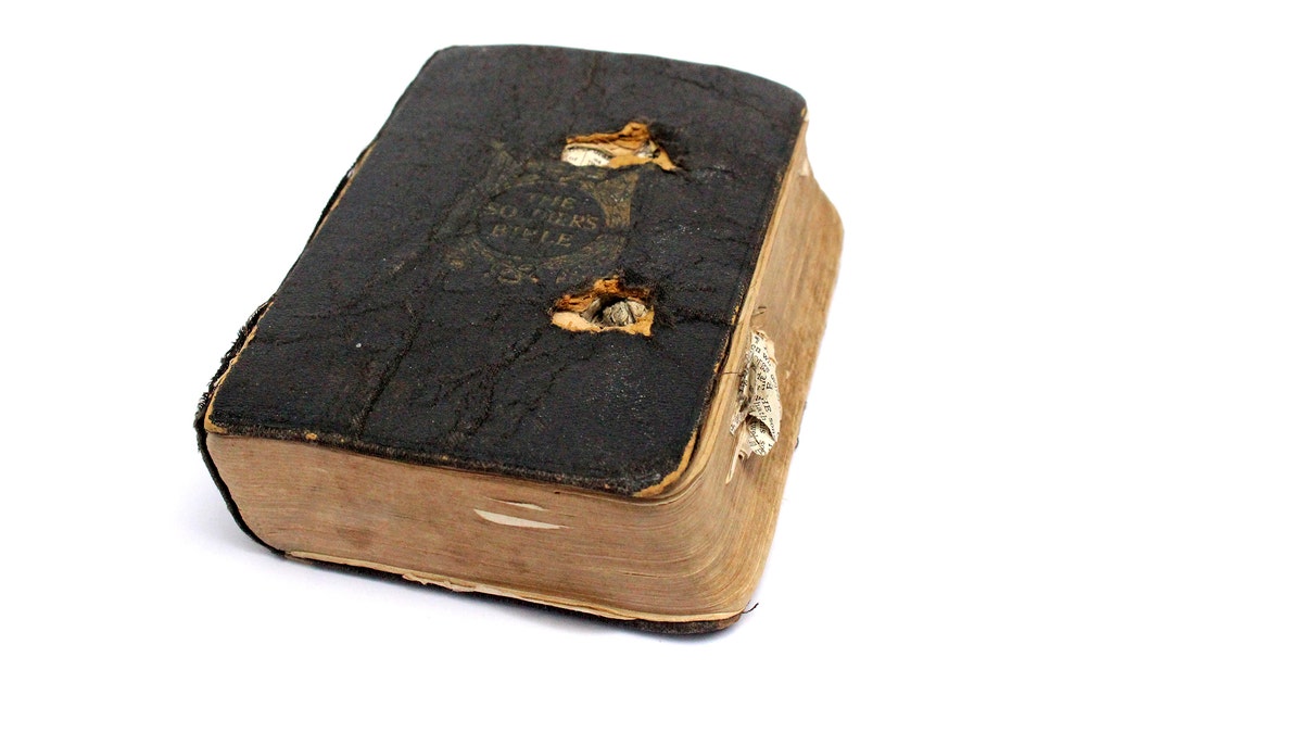 Private Leslie Friston's bullet-scarred Bible, which he brought with him when World War I ended.