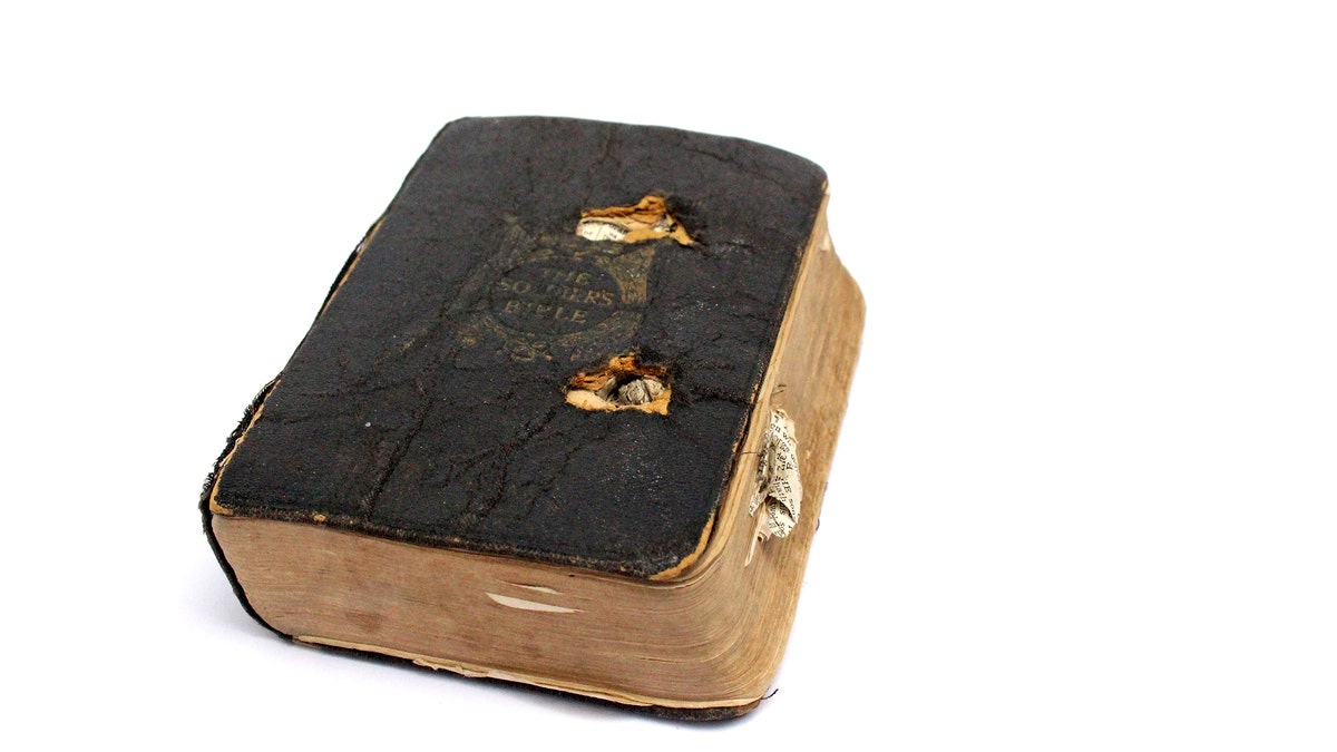Private Leslie Friston's bullet-scarred Bible, which he brought with him when World War I ended.