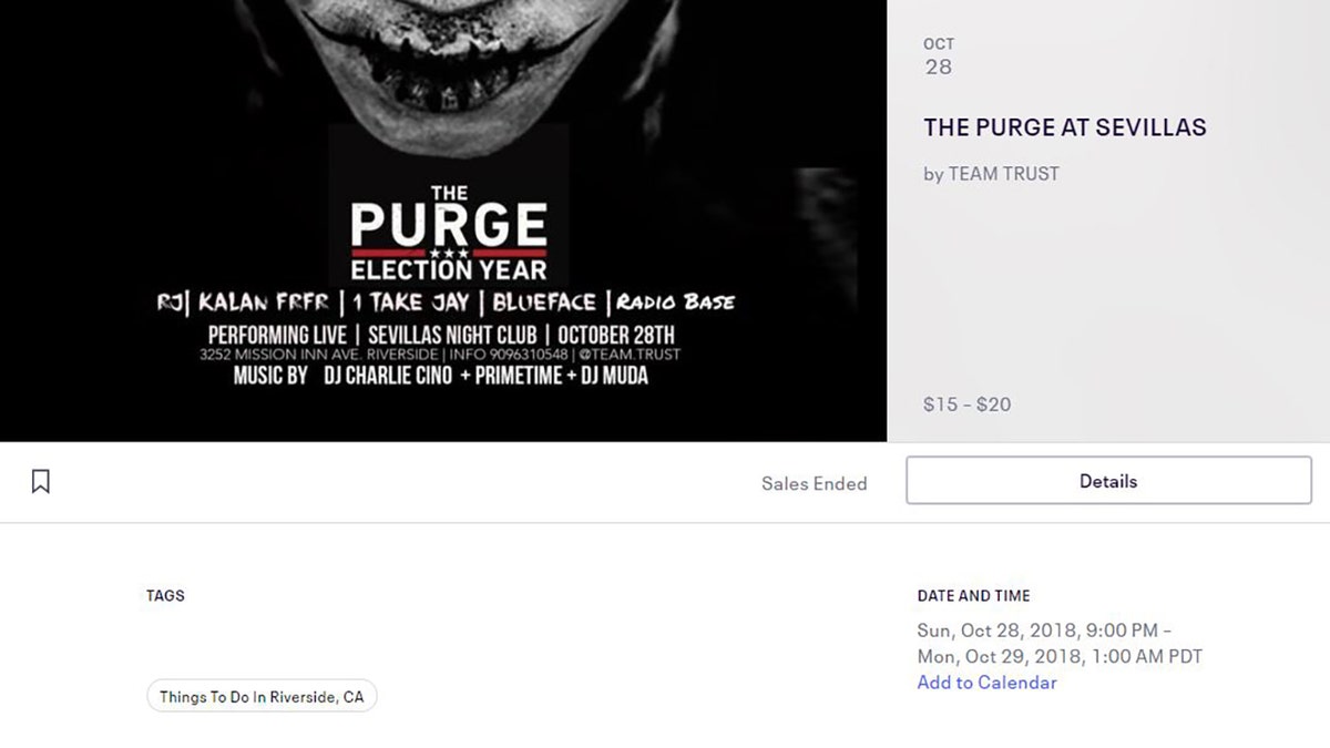 An invitation from 'The Purge' party at a Riverside, Calif., nightclub.