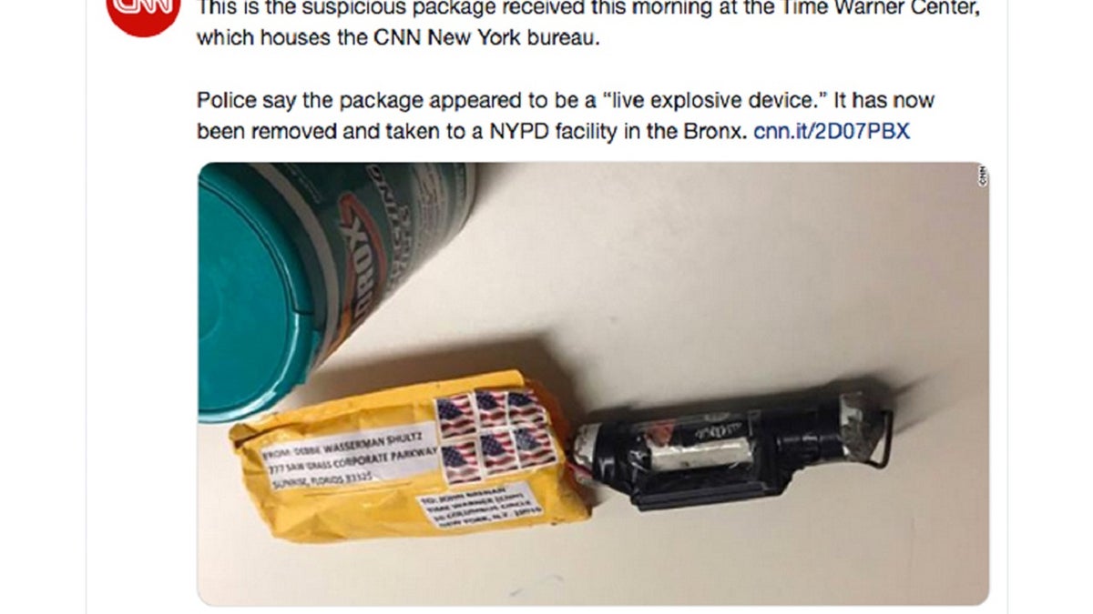 This screenshot from CNN's Twitter account shows what CNN says is the explosive device that was delivered to their New York headquarters on Wednesday, Oct. 24, 2018.