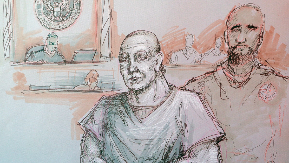 In this courtroom sketch, Cesar Sayoc, left, appears in federal court, Monday, Oct. 29, 2018, in Miami. Sayoc is accused of sending pipe bombs to prominent Democrats around the country. A judge will hold a hearing Friday on whether Sayoc can be released on bail. (Daniel Pontet via AP)