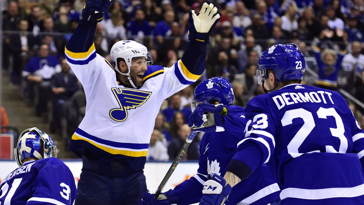 St. Louis Blues left wing Pat Maroon (7) celebrates his team's first goal during the second period of an NHL hockey game against the Toronto Maple Leafs, in Toronto on Saturday, Oct. 20, 2018. (Frank Gunn/The Canadian Press via AP)