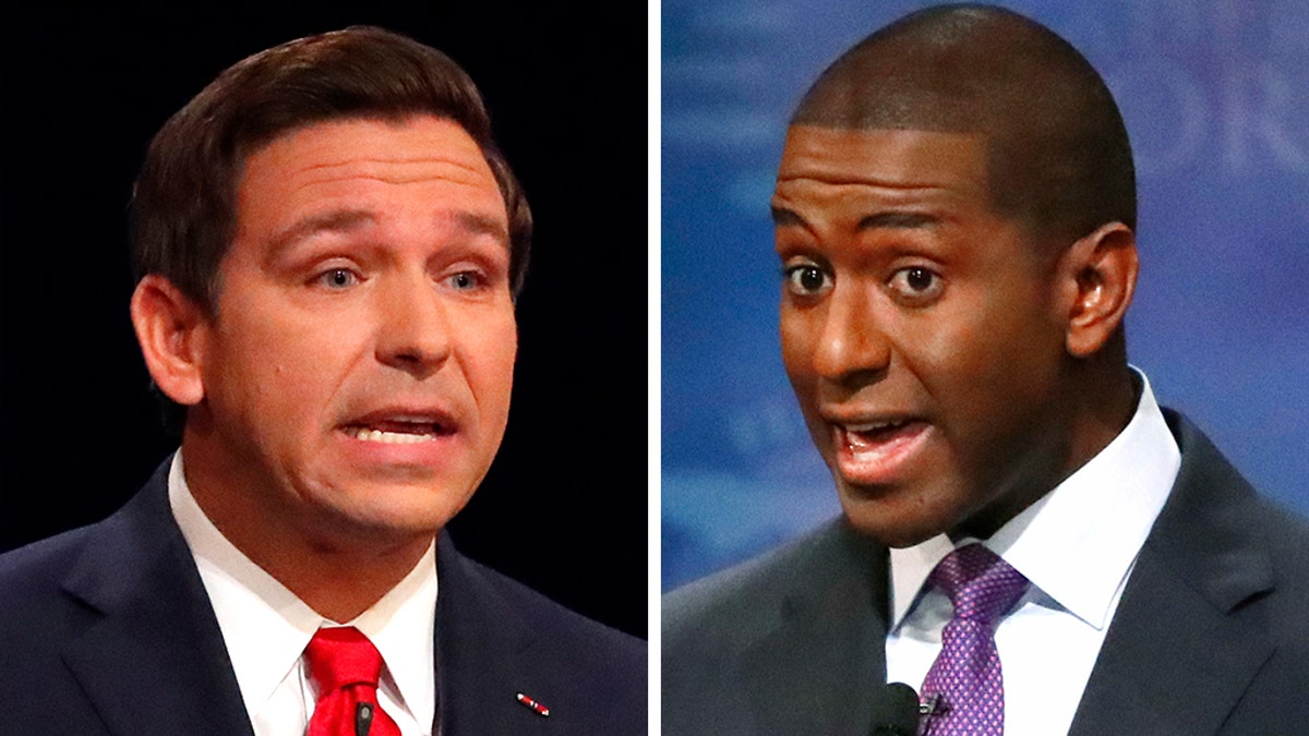 Former Republican Rep. Ron DeSantis and Tallahassee Mayor Andrew Gillum during their second and final debate at Broward College in Davie, Florida, on Wednesday.