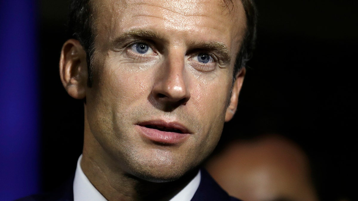 French President Emmanuel Macron speaks during his visit to Goyave on the Guadeloupe island, Friday Sept. 28, 2018, during a trip in the French West Indies.