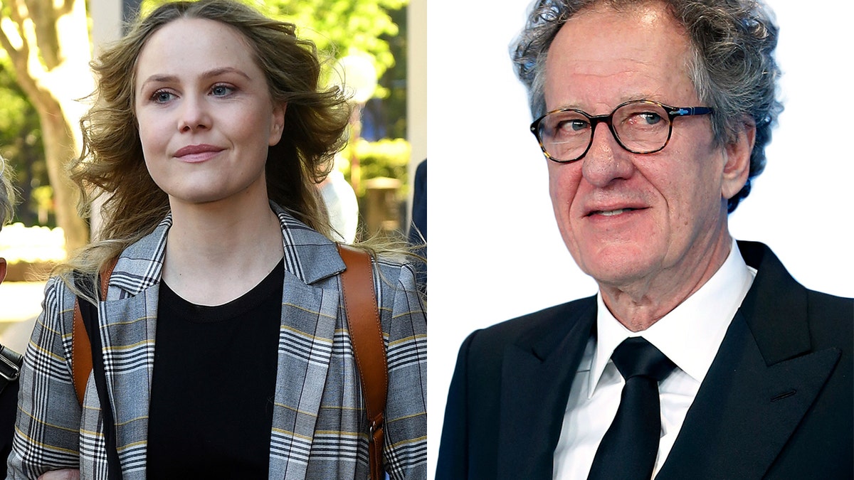 Actress Eryn Jean Norvill, left, leaves the Federal Court in Sydney, Australia, Tuesday, Oct. 30, 2018, after giving evidence during a defamation trial brought on by fellow actor Geoffrey Rush, right.