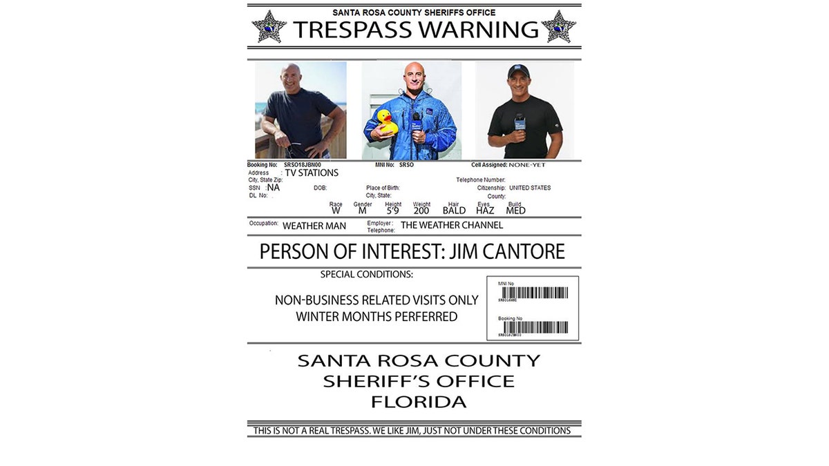 A Florida county "warned" residents that Jim Cantore would be "trespassing" during the hurricane.