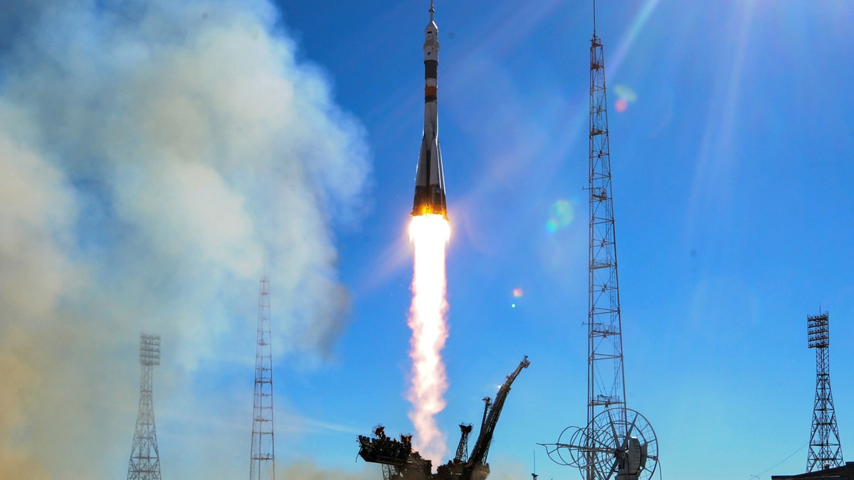 Russia's Soyuz MS-10 spacecraft blasts off from the launch pad at the Russian-leased Baikonur Cosmodrome in Baikonur on October 11, 2018.