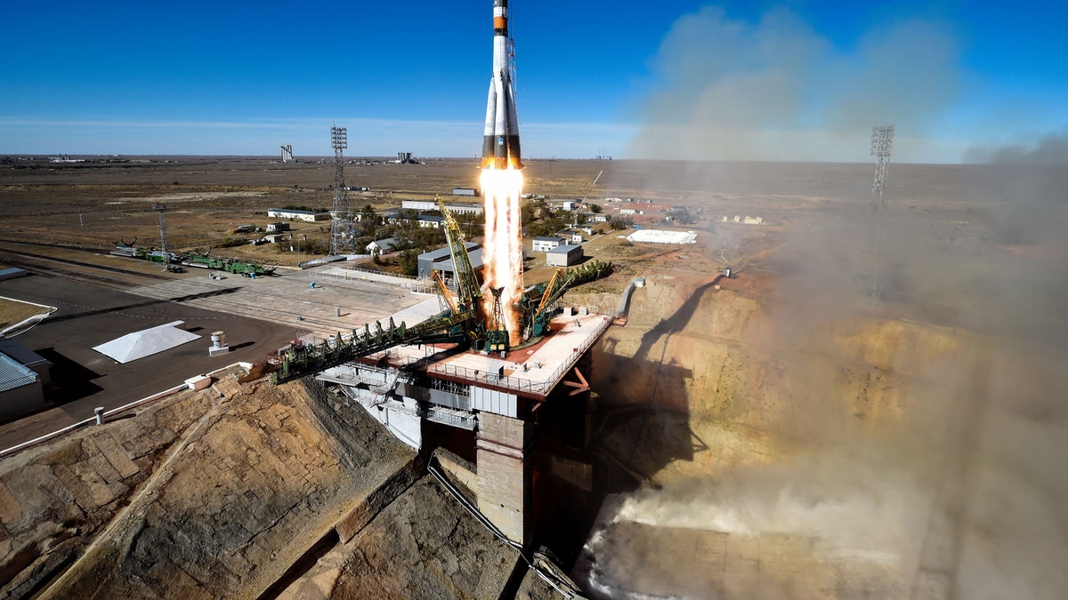 Russia's Soyuz MS-10 spacecraft carrying the members of the International Space Station (ISS) expedition 57/58, Russian cosmonaut Alexey Ovchinin and NASA astronaut Nick Hague, blasts off from the launch pad at the Russian-leased Baikonur Cosmodrome in Baikonur on Oct. 11, 2018.