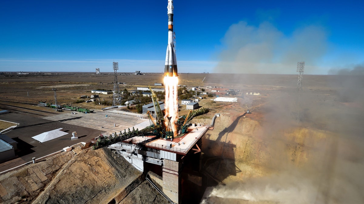 Russia's Soyuz MS-10 spacecraft carrying the members of the International Space Station (ISS) expedition 57/58, Russian cosmonaut Alexey Ovchinin and NASA astronaut Nick Hague, blasts off from the launch pad at the Russian-leased Baikonur Cosmodrome in Baikonur on Oct. 11, 2018.