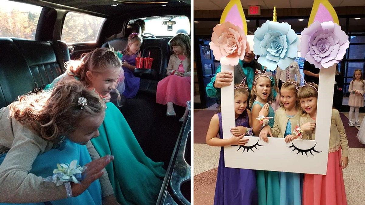 Left photo: Girls play with the cool stuff in the limo. Right photo: "Selfie pics" at the daddy-daughter dance. Left to right Steve Culbert daughters Aliyah and Haley pose with Alvery and Alivia Reece.