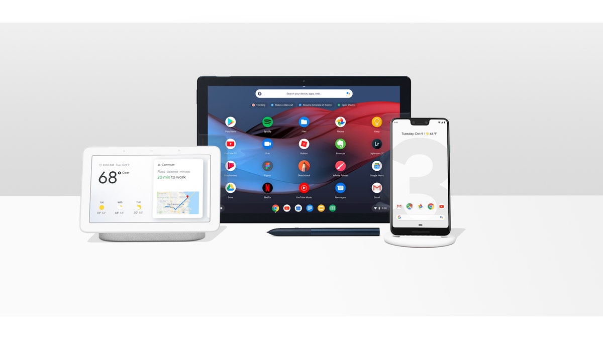 From left - the Google HomeHub, Pixel Slate tablet and Pixel 3 XL phone.