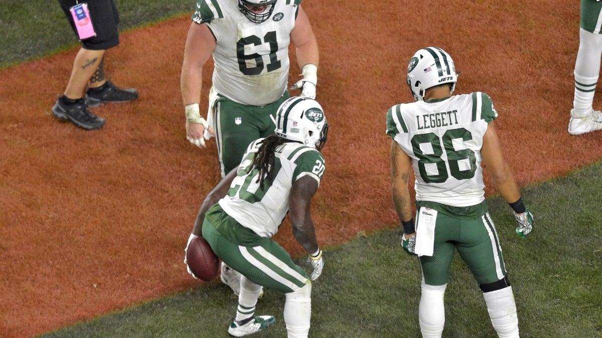 New York Jets running back Isaiah Crowell was fined $13,369 by the NFL for this crude touchdown celebration.