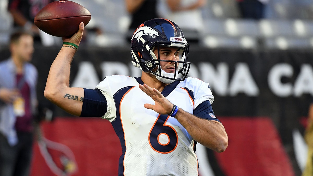 Quarterback Chad Kelly #6 of the Denver Broncos warms up before the game against the Arizona Cardinals at State Farm Stadium on October 18, 2018 in Glendale, Arizona.