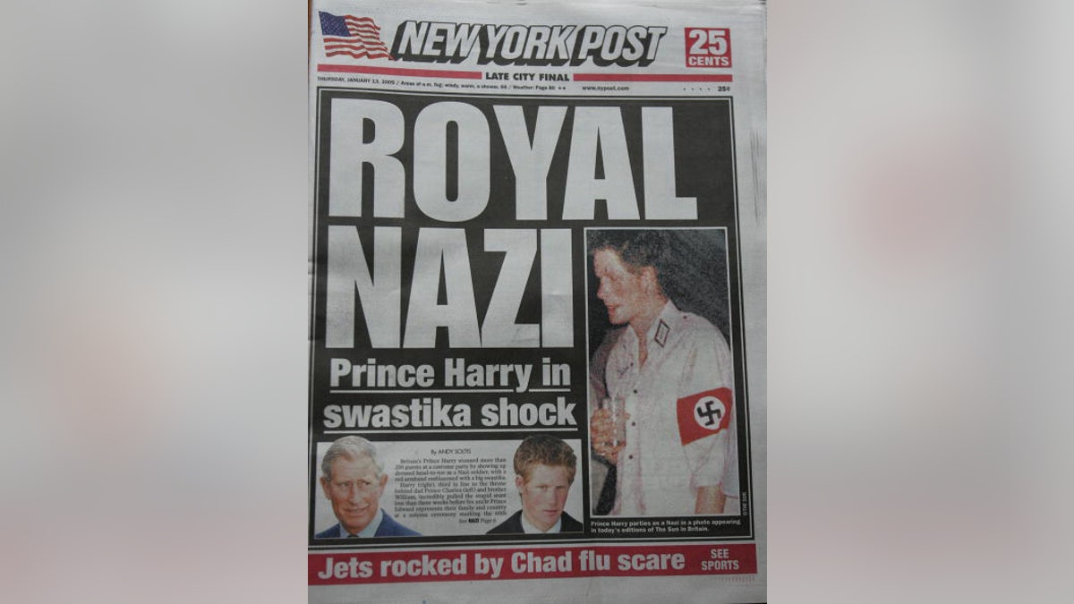 A copy of The New York Post front page lies on display featuring a "Royal Nazi" headline Jan. 13, 2005 in New York City. The British royal, Prince Harry, reportedly attended a fancy dress party wearing a khaki uniform with an armband emblazoned with a swastika, the emblem of the German WWII Nazi Party. (Stephen Chernin/Getty Images)