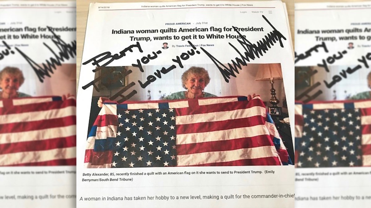 A handwritten note from President Trump to Betty Alexander about the American flag quilt she made for him.