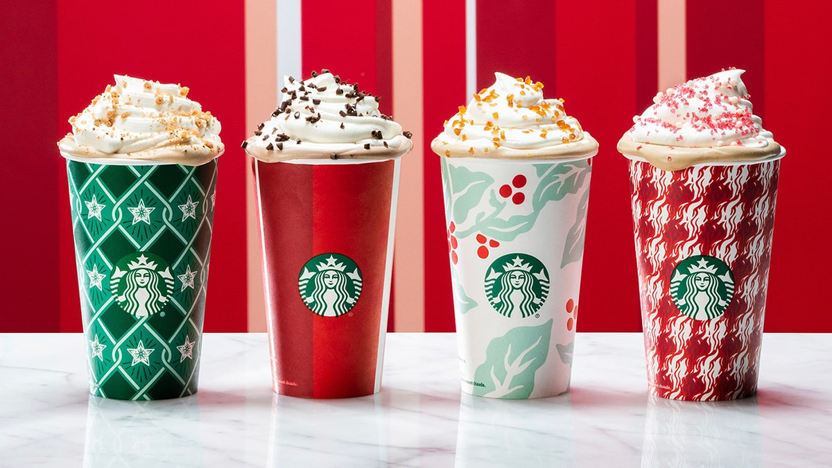 Pictured from left to right: The Stargyle, Stripes, Flora and Espresso Houndstooth cups.