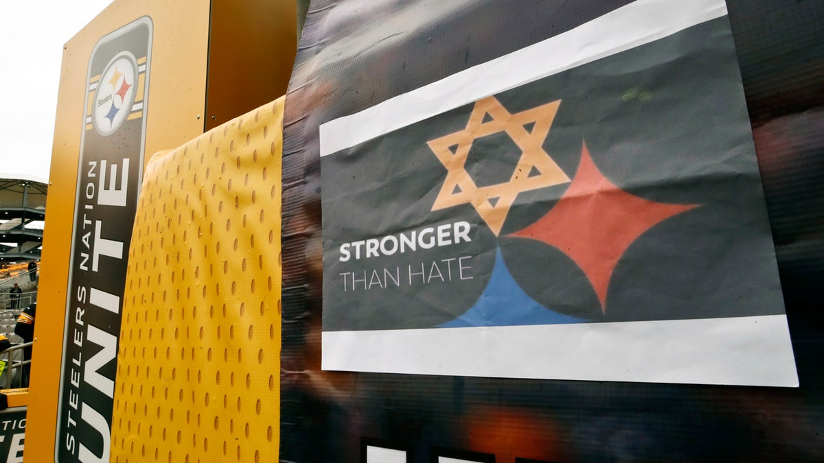 A Pittsburgh Steelers logo with one of the hypocycloids changed to a Star of David, on a banner at Heinz Field for Sunday's game between the Pittsburgh Steelers and the Cleveland Browns. (AP Photo/Gene J. Puskar)