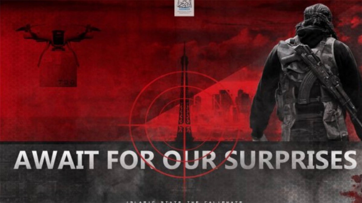 The red and black poster shows a drone carrying a sizeable object while flying next to the Eiffel Tower, which is framed in crosshairs.
