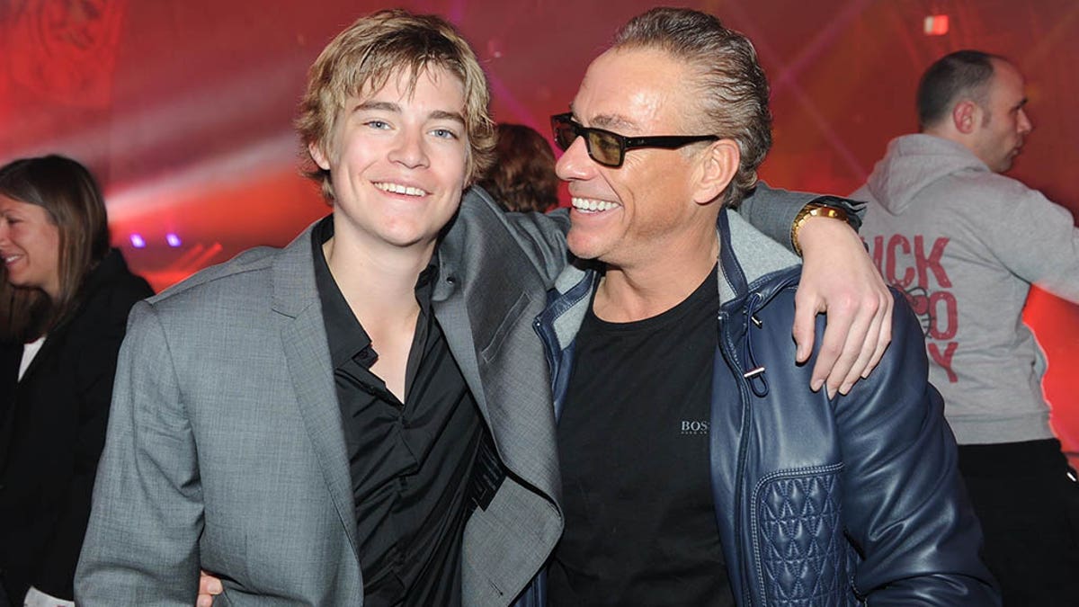 Jean-Claude Van Damme and son Nicholas Van Varenberg attend the 20th anniversary of the famous French Radio FG at the Grand Palais in Paris, France on April 5, 2012.