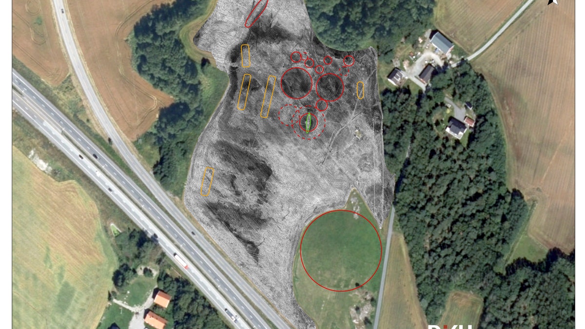 The ship burial (circled) forms part of a larger mound cemetery and settlement site. (Illustration: Lars Gustavsen, NIKU)