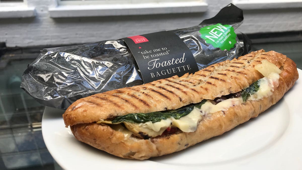 The artichoke, olive and tapenade baguette still on sale at Pret-A-Manger at Fulham Broadway tube station, London.