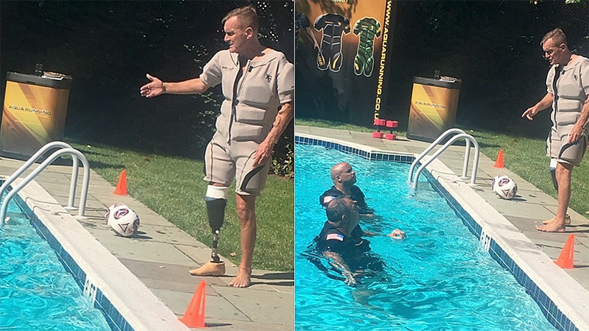 Terry Nelson, pictured left and right, wants to set U.S. veterans up with his hydro buoyancy suits and help them build their own rehabilitation and fitness training businesses