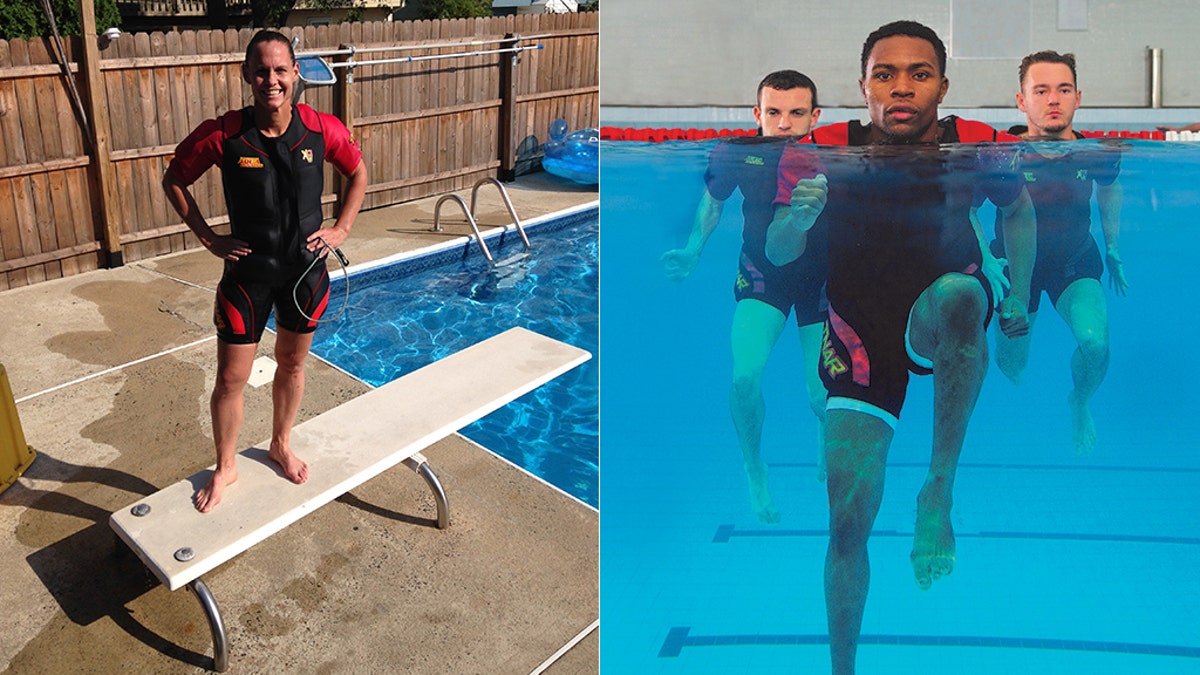 Christie Pearce Rampone (left), the former U.S. women's soccer team captain, in one of the suits; (right) the suit in action in the water