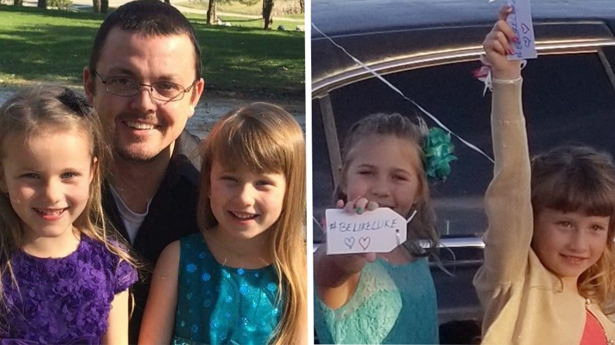 Left photo: Avery and Alivia Reece with their late dad, Luke. Right photo: Balloon release before they entered the dance. Haley Culbert and Alivia Reece show their "#Be Like Luke" tags, a proud and emotional moment said Mr. Culbert