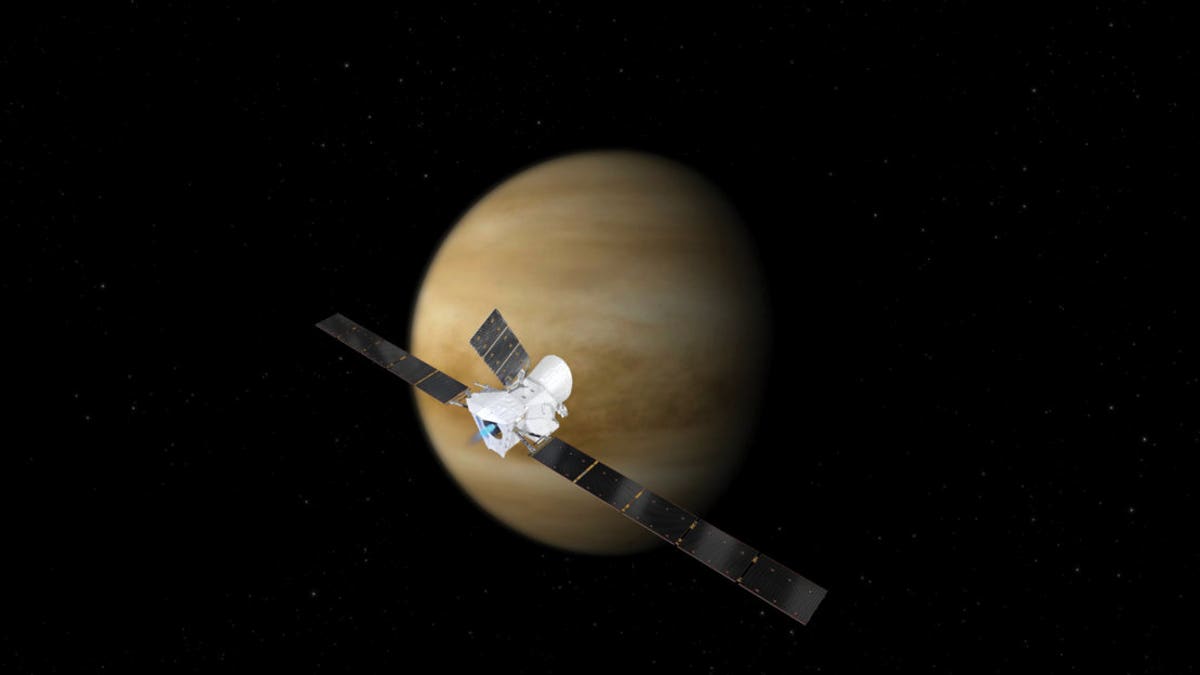 An artist's depiction of BepiColombo during one of its two Venus flybys en route to Mercury.