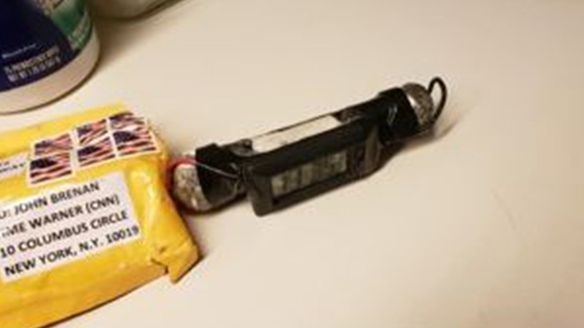A photo of the explosive device addressed to former CIA Director John Brennan. The package was sent to the Time Warner Center, where CNN's New York City office is located.