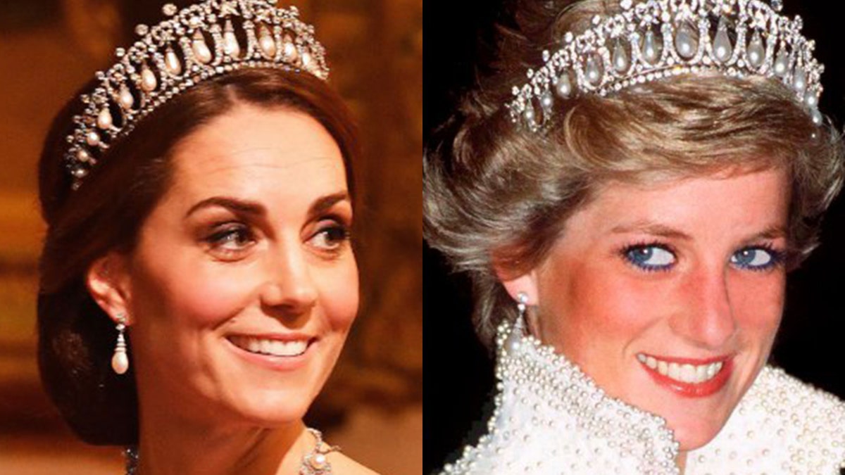 Kate Middleton dons Princess Diana's famous lovers knot tiara while at a Buckingham Palace banquet on Tuesday night. 