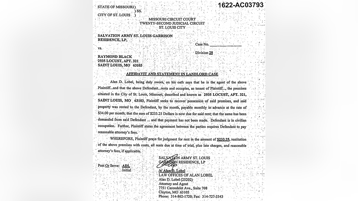 In April 2016, the Salvation Army St. Louis Garrison Residence filed an eviction lawsuit against Raymond Black for failing to pay $233.25 in rent.