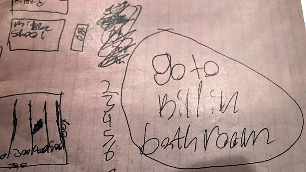 A hand-drawn map of the school was allegedly discovered in the home of one girl with the words, "Go to kill in bathroom," written on top of it.