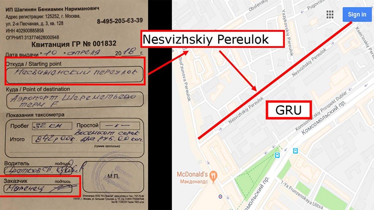 This image released by the Dutch Defense Ministry shows a combo of a taxi bill and a map, with a ride from a street next to the GRU's headquarters to Sheremyetevo airport in Moscow, found in possession of one of four Russians who were expelled from the Netherlands for allegedly trying to hack into the chemical watchdog's network.
