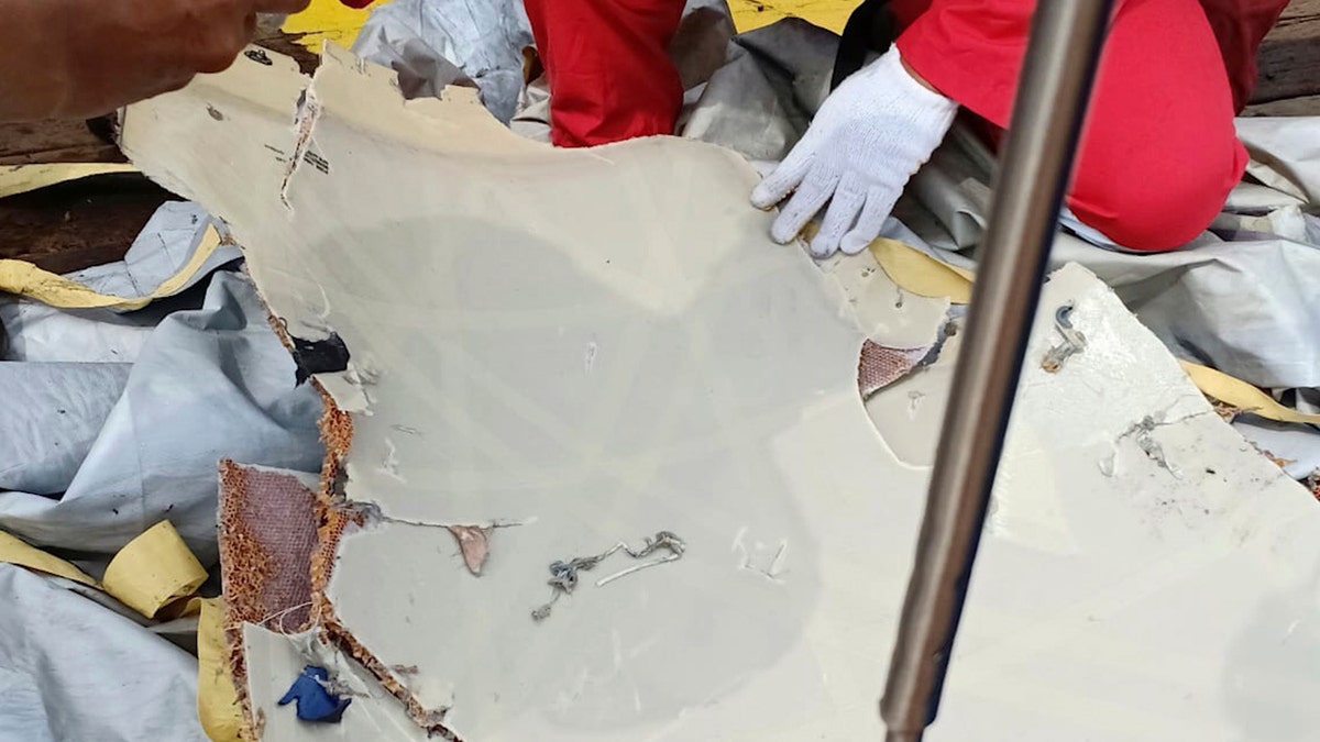 In this photo released by Indonesian Disaster Mitigation Agency (BNPB) a rescuer inspects debris believed to be from a Lion Air passenger jet that crashed off West Java on Monday, Oct. 29, 2018.