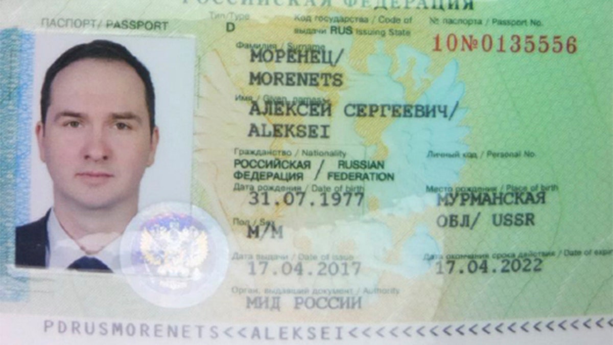 The diplomatic passport of Aleksei Morenets, who was expelled from the Netherlands for allegedly trying to hack into a chemical watchdog's network.