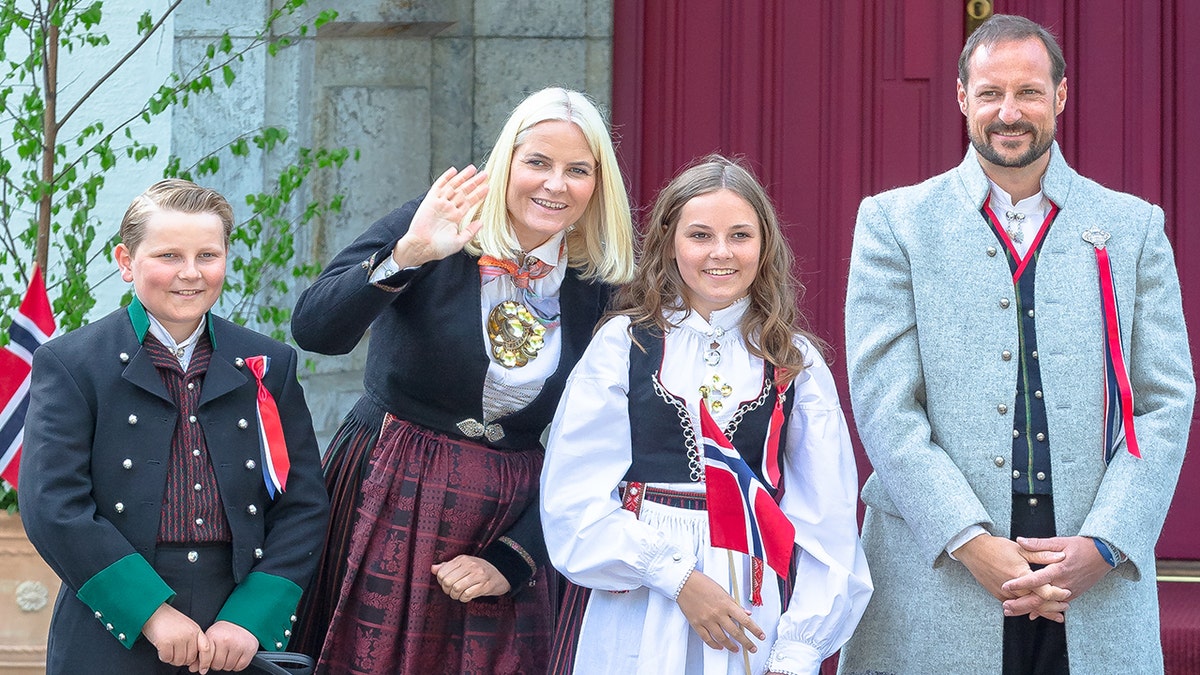 Prince Sverre Magnus of Norway, Princess Mette Marit of Norway and Princess Ingrid Alexandra of Norway, Prince Haakon Magnus of Norway outside their home at Skaugum Farm in Asker during Norway's National Day on May 17, 2018 in Oslo, Norway. (Photo by Nigel Waldron/WireImage)