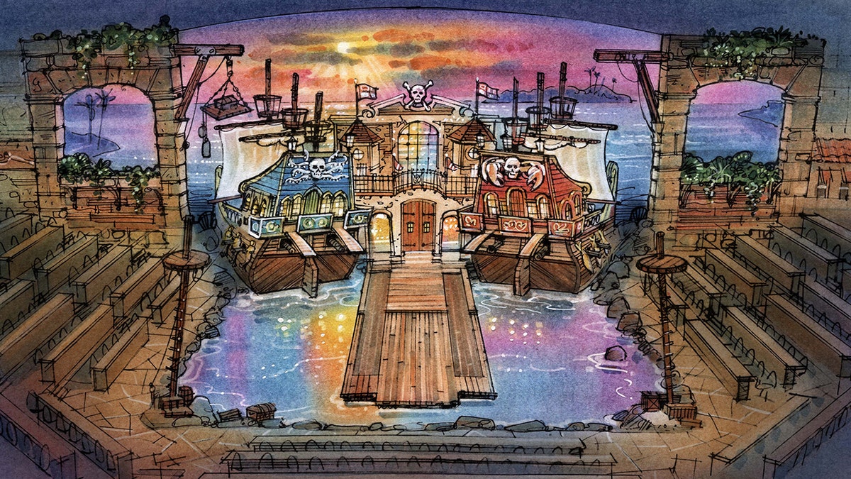 Pirates Voyage will feature a 21,000 square foot arena with full-sized ships in a 15-foot deep indoor lagoon.