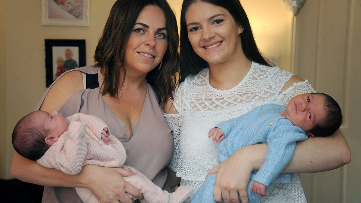 Sisters Natalie Ashley, pictured with Isla, and Lyndsay Ashley, pictured with Jack after they gave birth on the same day.