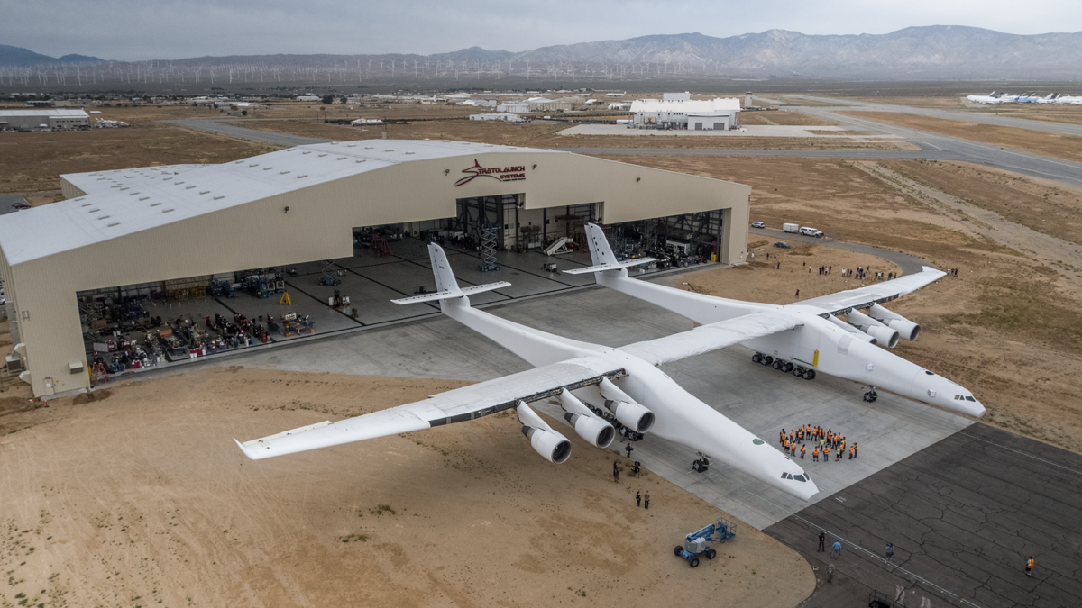 Stratolaunch, the world's largest airplane, seen in its hangar in the Mojave Desert.